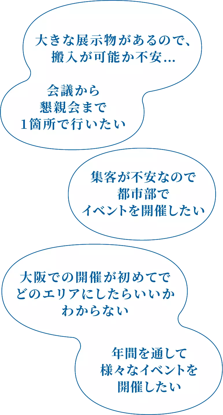 会議から懇親会まで1箇所で行いたい大きな展示物があるので、搬入が可能か不安…大阪での開催が初めてでどのエリアにしたらいいかわからない年間を通して様々なイベントを開催したい集客が不安なので都市部でイベントを開催したい